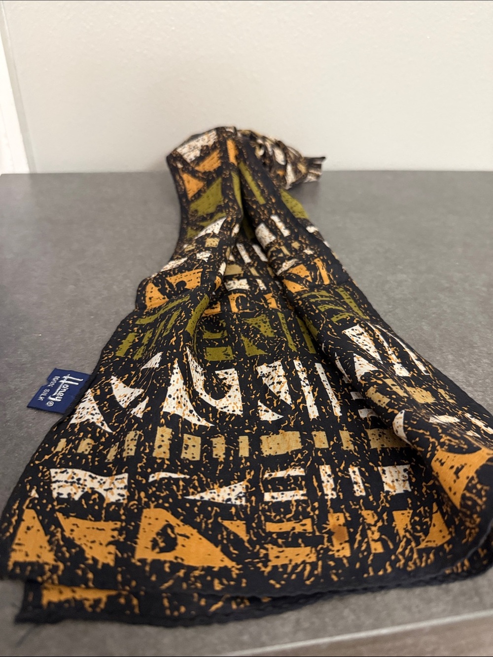 Mid-Century Geometric scarf in Olive, Mustard & Cream 100% silk - Picture 5 of 5
